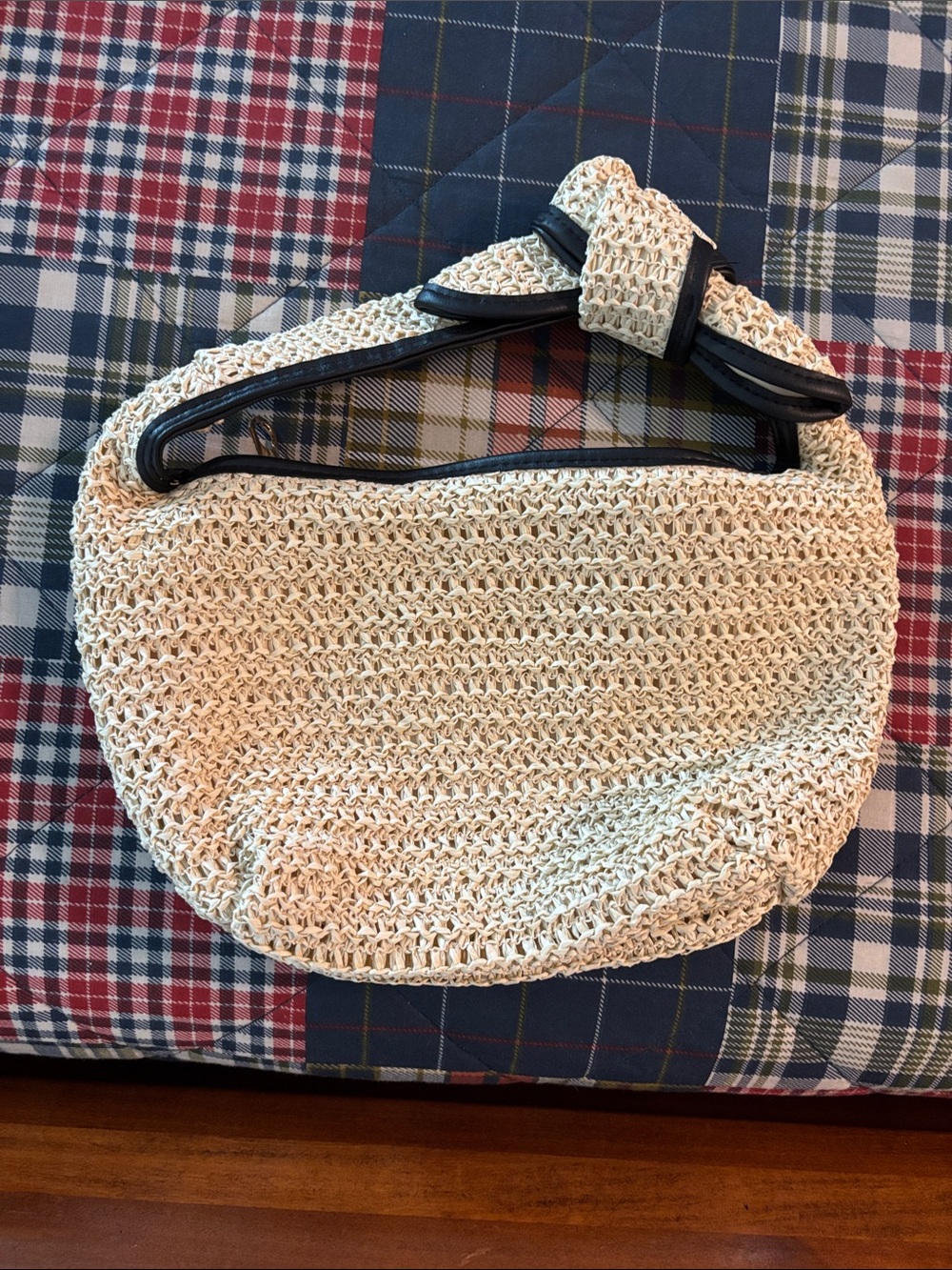Woven Straw Shoulder Bag in Cream with Black Trim